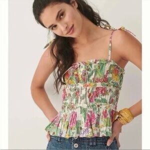 LOVE THE LABEL Smocked Floral Tie-Strap Tank Top - Pink Multi